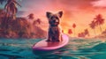 vacation dog wave funny animal ocean beach puppy summer surfer. Generative AI. Royalty Free Stock Photo