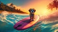 dog wave ocean animal funny puppy surfer summer vacation beach. Generative AI. Royalty Free Stock Photo