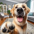 Dog offers paw to viewpoint, in home setting