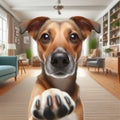 Dog offers paw to viewpoint, in home setting