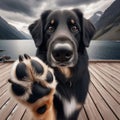 Dog offers paw to viewpoint, in home setting