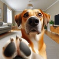 Dog offers paw to viewpoint, in home setting