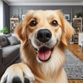 Dog offers paw to viewpoint, in home setting