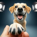 Dog offers paw to viewpoint, in studio setting