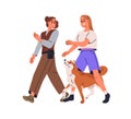 Dog owner, canine animal trainer walking, strolling with doggy, training obedience. Woman giving command to pass through