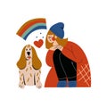 Dog owner girl hug pet vector illustrations.Young woman cuddle with companion puppy. Friendship between teenager and dog