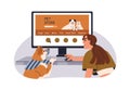 Dog owner and puppy shopping online in virtual pet store. Canine animal and woman buying goods, food, toys at computer