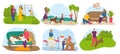 Dog owner set, vector illustration, cartoon man woman character walk with puppy pet at park, family play with domestic Royalty Free Stock Photo