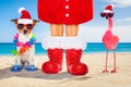 Dog and owner as santa claus on christmas at the beach Royalty Free Stock Photo