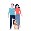Dog owners, flat couple with cute pet. Adoption concept, isolated cartoon family pets lovers. Woman and man with giant