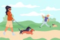 Dog owners in park. Woman with dachshund dog walking, happy man character with pug, young people with pets together