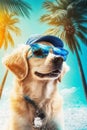 Dog in panama hat and sunglasses at tropical resort. AI genarated