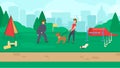 Dog park with sport equipment. A women training dog. Cynology.Barking dog,attack. Flat vector Royalty Free Stock Photo