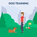 Dog park with sport equipment. A women training dog. Cynology. Command lay down. Flat vector.