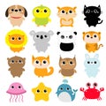 Dog Parrot Hamster Cat Lion Koala Panda Tiger Bear Fox Owl Rabbit Whale Jellyfish Crab Starfish icon set. Cute cartoon kawaii