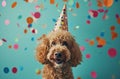 a dog in a party hat on a blue background,animated gifs