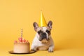 Dog party hat at yellow background. Generate Ai Royalty Free Stock Photo