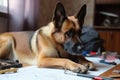 dog, with paw on blueprint and drawing instruments in view, working on new project