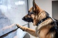 dog, with paw on futuristic touchscreen, designing the next generation of buildings