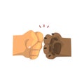 Dog paw and human hand bumping together, friendship, training, veterinary care concept vector Illustration on a white