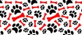 Dog paw print trails and candy cane in shape of bone