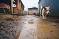 dog paw prints leading through the muddy farmyard