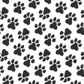 Dog paw prints, trail of animal footprints, vector seamless pattern on white background Royalty Free Stock Photo