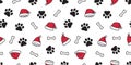 Dog paw seamless pattern vector Christmas Santa Claus Xmas hat french bulldog bone tile background cartoon scarf isolated repeat w