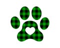 Dog paw silhouette with black and green Christmas buffalo pattern. Canine footprint with gingham checkered print. Vector Royalty Free Stock Photo
