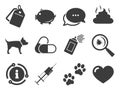 Veterinary, pets icons. Dog paws, syringe signs. Vector