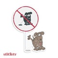Dog pees on a sign prohibiting dogs from urinating. Vector illustration in the form of a retro sticker