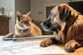 dog, with pencil in its mouth, and cat, gazing at blueprint drawings
