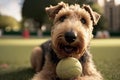 Dog pet Airedale terrier erdelterier in park with ball on green grass illustration Generative AI Royalty Free Stock Photo