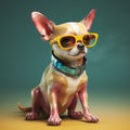 dog cute looking pet animal chihuahua portrait glasses yellow puppy background. Generative AI.