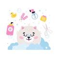 Dog pet grooming. Caring about Pomeranian spitz. Pet washing and barber service. Flat vector illustration