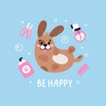 Dog pet grooming. Caring about pet. Dog washing and barber service. Flat vector illustration. Be happy
