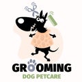 Dog or pet grooming and washing logo design template with funny cartoon puppy. Pet Care salon sign. Vector illustration Royalty Free Stock Photo