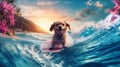 dog ocean animal wave summer vacation surfer puppy beach funny. Generative AI.