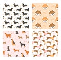 Dog pets seamless pattern vector illustrations, cartoon cute flat animal background set with black brown doggy or funny