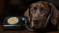 Dog on phone, vintage style, dark background, office setting, humor Royalty Free Stock Photo