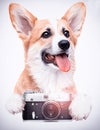 Dog photographer and camera, welsh corgi Royalty Free Stock Photo
