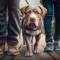 Dog pitbull in a walk activity. Dog pitbull breed in walking outdoor training activity with owner in street background.