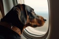 dog on the plane looking out the window generative ai Royalty Free Stock Photo