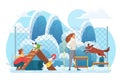 Dog playground flat vector illustration. People with dogs cartoon characters. Man and woman playing with pets in winter
