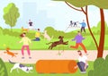 Dog playground. People training playing and walking with dogs on leash in city park or pets friendly area field