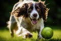 dog playing with a ball,tennis ball yellow,cocker spaniel running in a wheat field, open mouth, developing ears Royalty Free Stock Photo