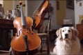 dog playing violin, and cat playing the cello in a symphony orchestra