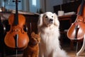 dog playing violin, and cat playing the cello in a symphony orchestra