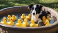 dog playing with water A humorous scene of a Border Collie puppy attempting to herd a group of rubber ducks in a kiddie pool
