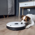 Dog plays with robot vacuum cleaner, dog bites vacuum cleaner, funny photos